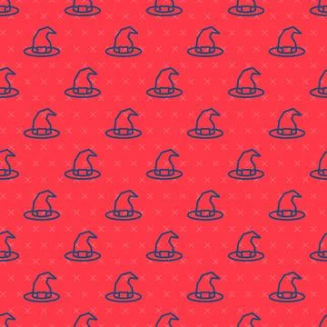 Blue line Witch hat icon isolated seamless pattern on red background. Happy.. 스톡 일러스트