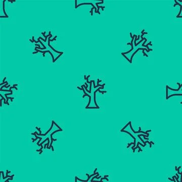 Blue line Withered tree icon isolated seamless pattern on green background. Bare Stock Illustration