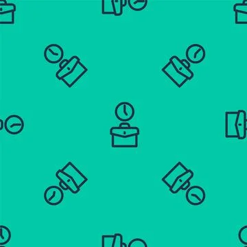 Blue line Work time icon isolated seamless pattern on green background. Office Stockillustratie