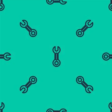 Blue line Wrench spanner icon isolated seamless pattern on green background Stock Illustration