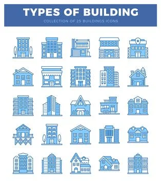 Blue linear building icons on white background Ilustración de archivo