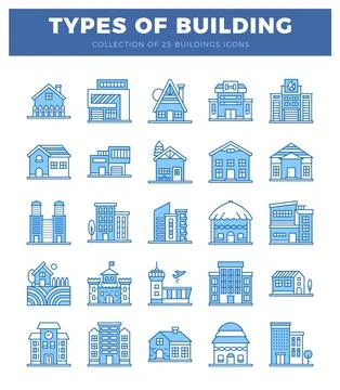 Blue linear building icons on a white background. perfect for architectural.. Ilustración de archivo