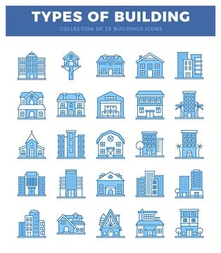 Blue linear building icons on a white background. with a header. Ilustración de archivo