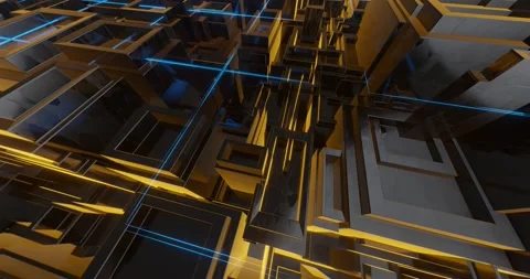 Blue lines grid and gold fractals 3D Видео 200204739