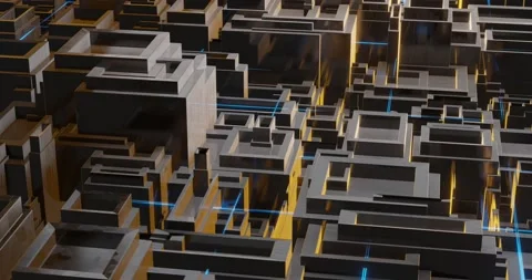 Blue lines grid and gold fractals 3D Stock Footage 200204764