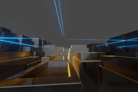 Blue lines grid and gold fractals 3D 库存影片 200204794