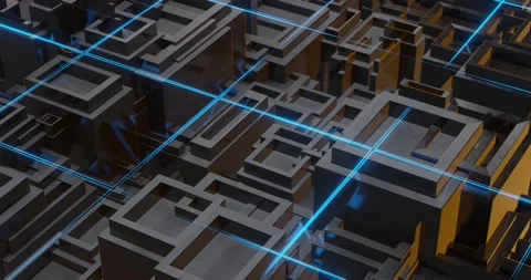 Blue lines grid and gold fractals 3D Stock Footage 200204874