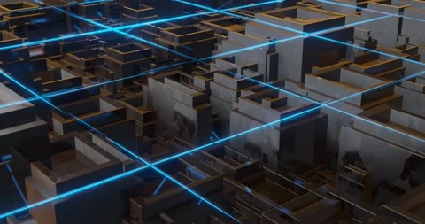 Blue lines grid and gold fractals 3D 库存影片 200204875