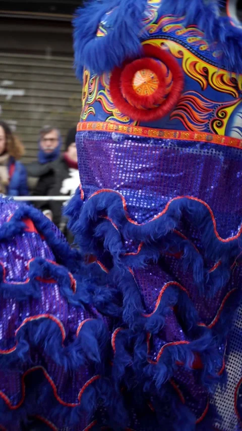 Blue lion dancing among de crowd of people Stock Footage 288075309