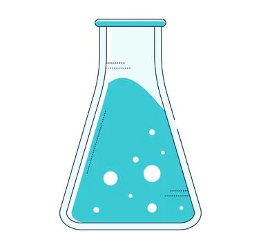 Blue liquid in clear Erlenmeyer flask with bubbles. Laboratory glassware with Stock Illustration