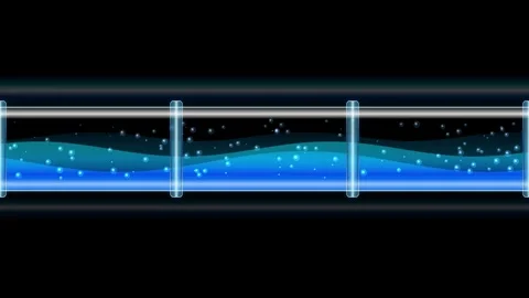 Blue liquid flowing in glass pipe with bubbles inside laboratory tube for s.. Video stock 345033012