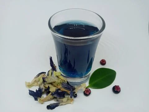 Blue liquid in a mini glass cup, dry leaves, white background. Foto stock
