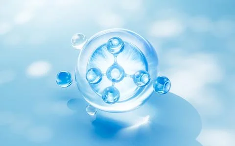 Blue liquid molecule and water bubbles, 3d rendering. Stock Illustration