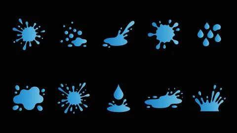 Blue liquid splashes and droplets icon set isolated on black background for.. Stock Illustration