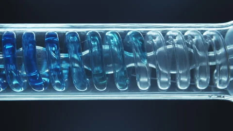 Blue liquid substance flows through a spiral glass flask. Stock Footage 249805087