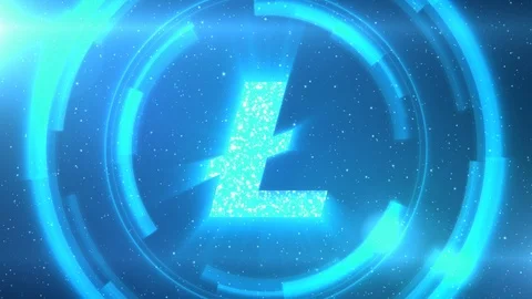 Blue Litecoin symbol on space background with HUD elements. Seamless loop. Stock Footage 118015569