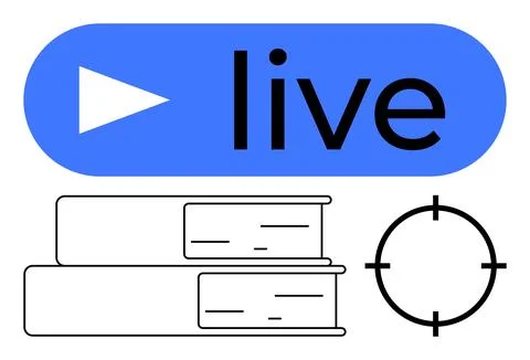 Blue live streaming button with play icon above stacked books and a crosshair Stock Illustration