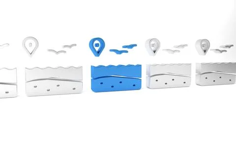 Blue Location with beach icon isolated on white background. Tropical beach .. Stock Illustration