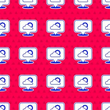 Blue Location cloud icon isolated seamless pattern on red background. Vector Stock Illustration