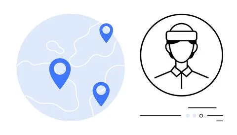 Blue location markers on a simplified globe with contour lines and man wearin Stock Illustration