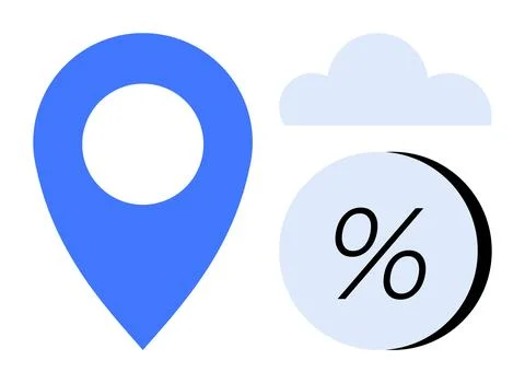 Blue Location Pin, Cloud, and Percentage Symbol on Light Background Stock Illustration