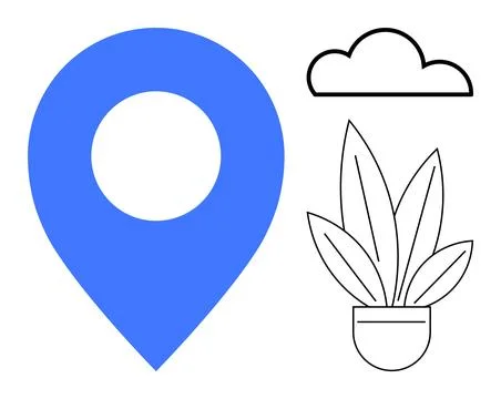 Blue Location Pin, Cloud, and Potted Plant with Green Leaves in Simple Flat.. Illustrazione stock