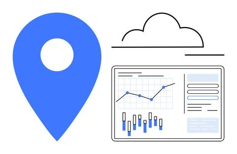 Blue location pin, cloud outline, and analytics dashboard with line and bar g 스톡 일러스트