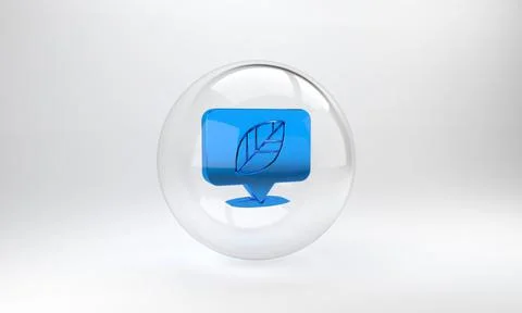 Blue Location pin with leaf inside icon isolated on grey background. Glass ci Stock Illustration