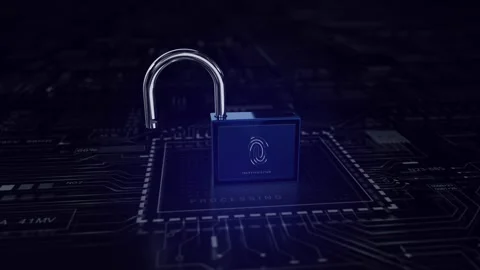 Blue Lock 3D .Fingerprint scanner circuit.Old Lock new technology. Technological Stock Footage 248000847