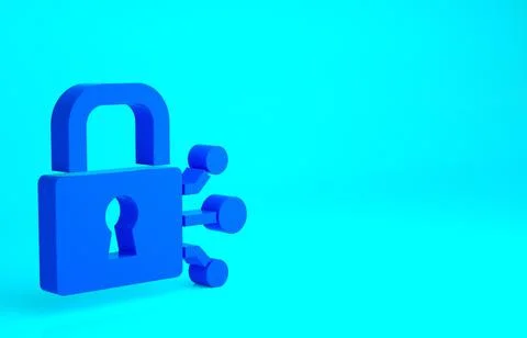 Blue Lock with bitcoin icon isolated on blue background. Cryptocurrency minin Stockillustratie