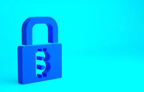 Blue Lock with bitcoin icon isolated on blue background. Cryptocurrency minin 스톡 일러스트