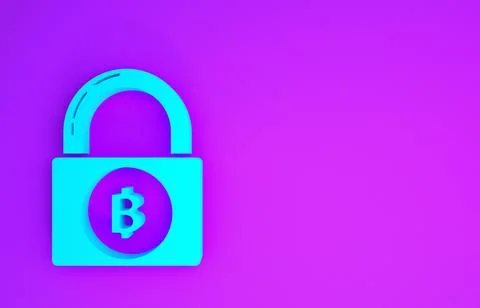 Blue Lock with bitcoin icon isolated on purple background. Cryptocurrency min Stock Illustration
