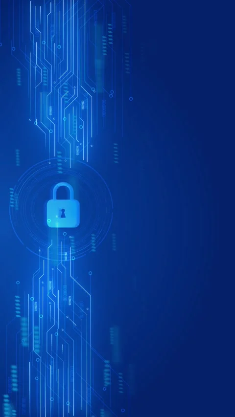 Blue lock circuit security background glowing padlock icon on left side, clean c Stock Footage 340525246