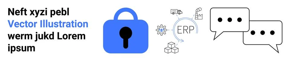 Blue lock icon, ERP integration elements, and speech bubbles highlight cybers Illustrazione stock