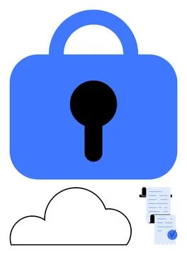 Blue lock icon with keyhole, cloud symbol below, and documents with a checkma Stock Illustration
