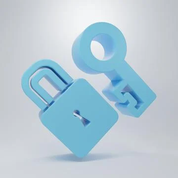Blue Lock with key icon isolated on grey background. Love symbol and keyhol.. Illustrazione stock