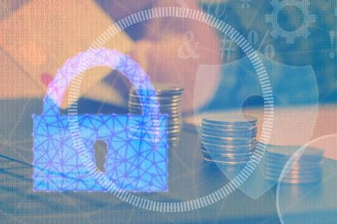 A blue lock with a key on it is shown with a stack of coins Stock Illustration