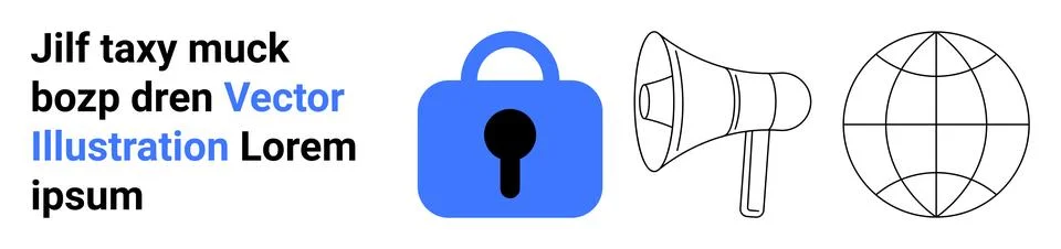 Blue lock, megaphone, globe connected by lines. Ideal for cybersecurity, glob Stock Illustration