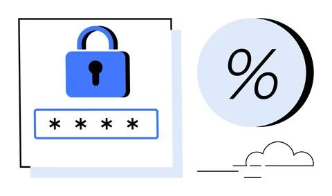 Blue lock symbol, password input with asterisks, percent sign, and cloud. Ide 스톡 일러스트