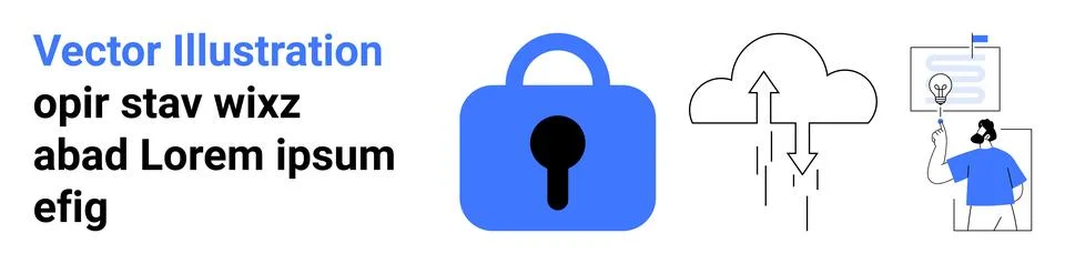 Blue lock symbolizing data security, cloud with arrows for storage, and techn Stock Illustration