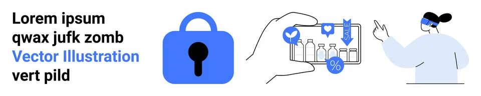 Blue lock symbolizing data security, hand holding medical bottles with securi Illustrazione stock
