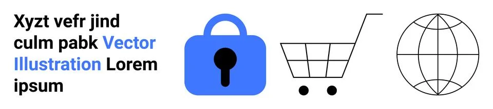 Blue lock symbolizing digital security, wireframe shopping cart for e-commerc Stock Illustration