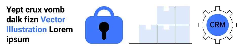Blue lock symbolizing security, bar graph for data management, and gear label Stock Illustration