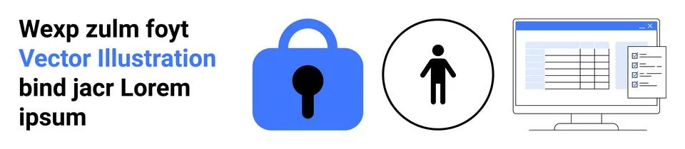 Blue lock symbolizing security, user icon, and computer screen displaying a s Stock Illustration