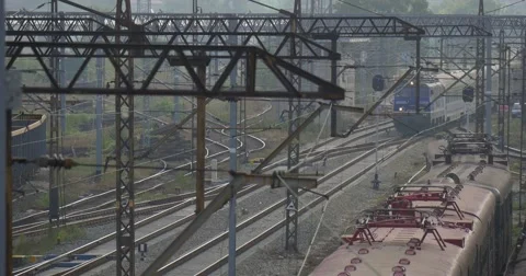Blue Locomotive Pulls Passenger Train With White Wagons Red Electric Train And Stock Footage 55298966