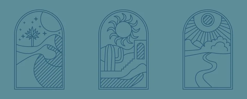 Blue logo set of aesthetic boho symbols such as desert, sand, sunset, palm,.. Ilustração Stock