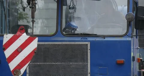 Blue Lorry Truck Loader With Hook Close Up People are Passing by the Street on Stock Footage 54337002