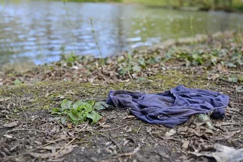Blue lost abandoned, left behind shorts by the Lakeside in Kiel near Schrev.. Stock Photos
