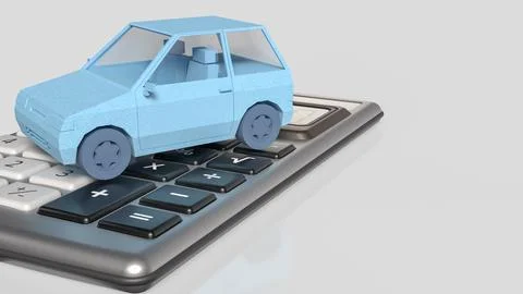 Blue Low Poly Car On Calculator Finance Concept 3d render.. Stock Illustration