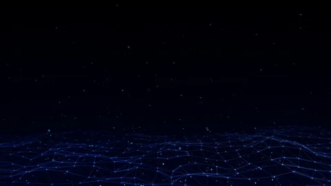 Blue low poly waving grid with flying particles: Digital landscape Stock Footage 97079930